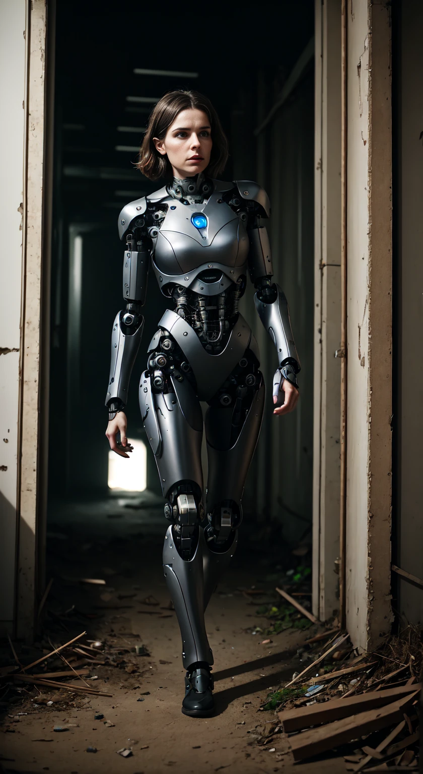 In an abandoned bunker, A robot woman explores a deserted corridor. Equipped with mechanical limbs, She moves quietly, Stay alert to any potential threats. Sensors in her eyes allow her to see through darkness, Revealing a shabby environment covered with dust and nets. Use with caution, She looked for signs of other survivors or clues that the bunker was abandoned.. Very sensitive hearing,Can detect weak noise,These noises may come from damage to the building or unknown creatures., Prompting her to activate her self-defense mechanism. Despite the uncertainty and potential dangers of the future, She continued to walk through the abandoned facility., Out of a sense of responsibility to disclose. Her mission is to find answers that may help humanity survive in this changing world..