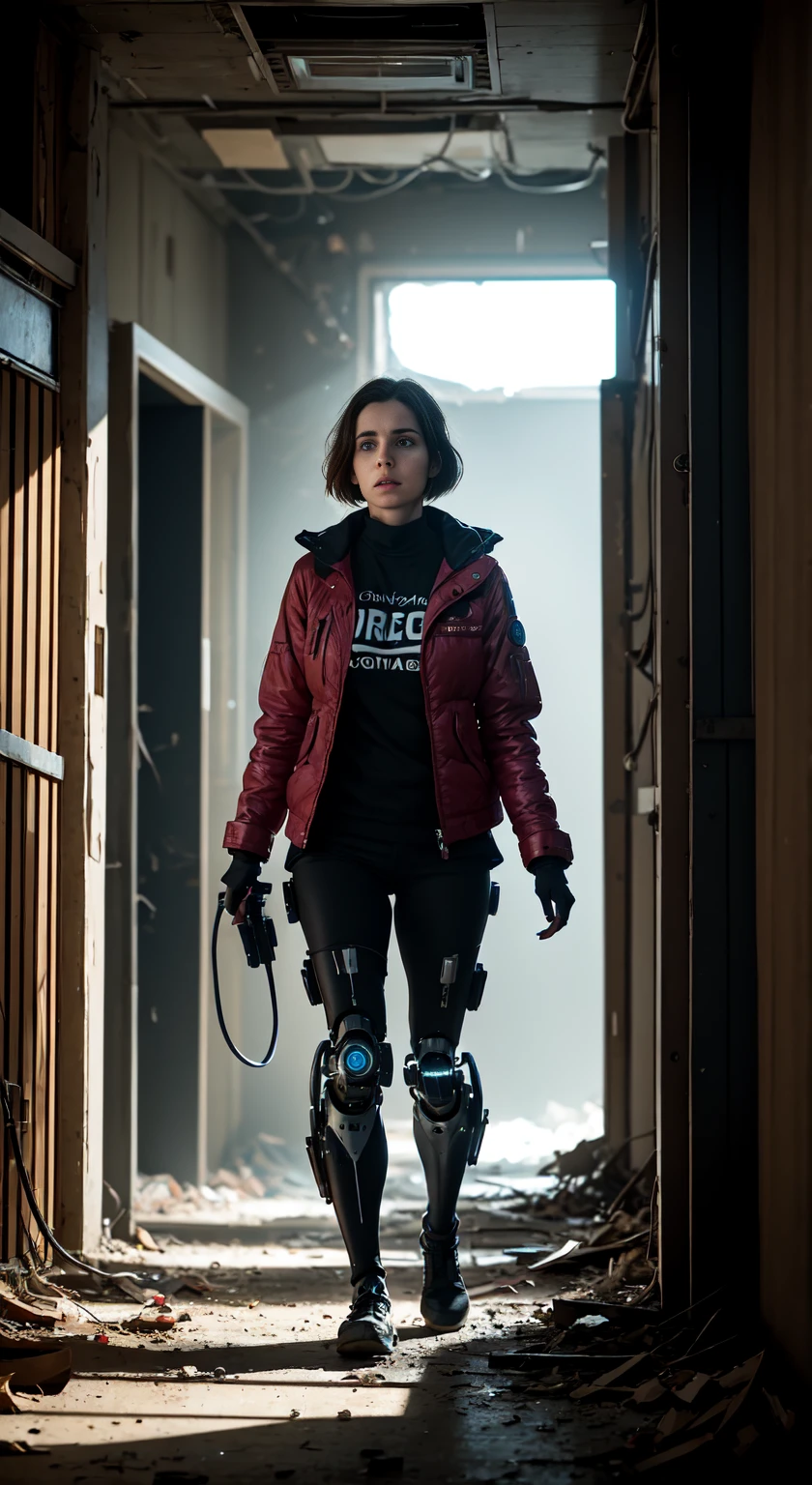 In an abandoned bunker, A robot woman explores a deserted corridor. Equipped with mechanical limbs, She moves quietly, Stay alert to any potential threats. Sensors in her eyes allow her to see through darkness, Revealing a shabby environment covered with dust and nets. Use with caution, She looked for signs of other survivors or clues that the bunker was abandoned.. Very sensitive hearing,Can detect weak noise,These noises may come from damage to the building or unknown creatures., Prompting her to activate her self-defense mechanism. Despite the uncertainty and potential dangers of the future, She continued to walk through the abandoned facility., Out of a sense of responsibility to disclose. Her mission is to find answers that may help humanity survive in this changing world..