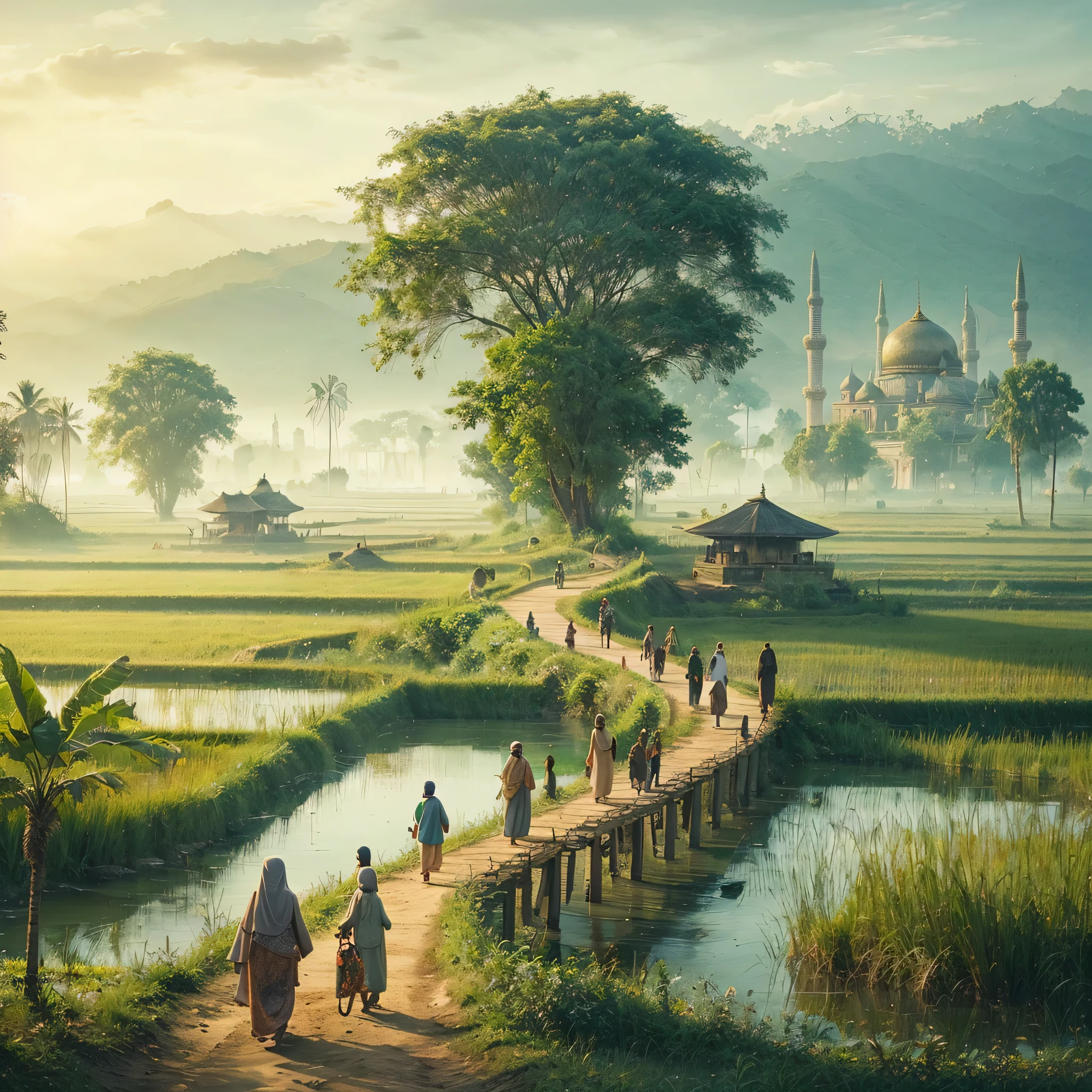 a group of people walking down a dirt road, a detailed matte painting, by Rudy Siswanto, sumatraism, with beautiful mosques, an indonesian family portrait, islamic art, bridge between the worlds, andrey gordeev, blissful journey