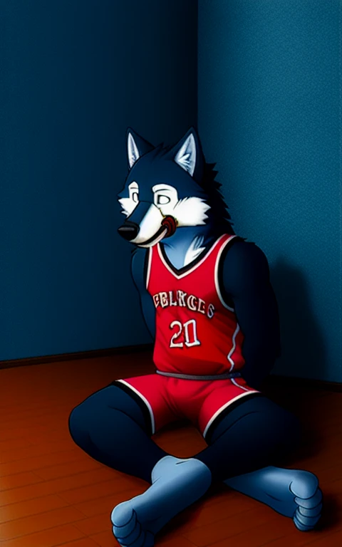 wolf, furry, alone, basketball uniform, gagged, hands tied together behind, feet tied together, sitting on the floor, torture, ball to the side, ultra detailed