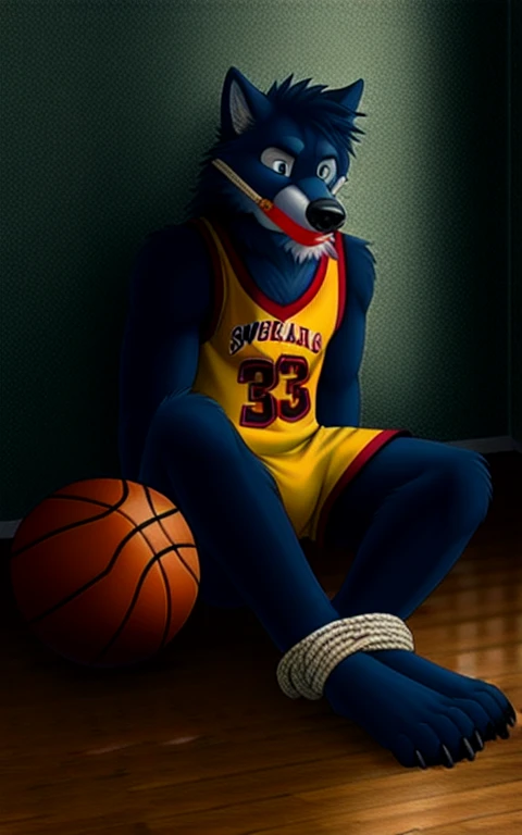 wolf, furry, alone, basketball uniform, gagged, hands tied together behind, feet tied together, sitting on the floor, torture, ball to the side, ultra detailed