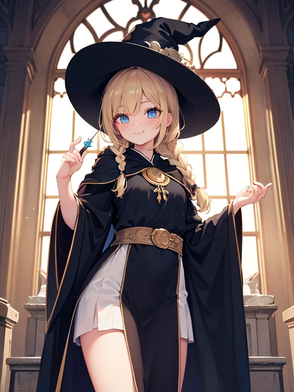 masterpiece, highest quality, Very detailed, 16k, Ultra-high resolution, Cowboy Shot, One ****************, Detailed face, smile, Perfect Fingers, blue eyes, Blonde, Braid, The figure of the wizard, Long pointed hat, Long black robe, temple, Cathedral, holding a long wizard&#39;s wand