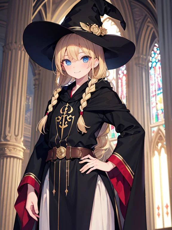 masterpiece, highest quality, Very detailed, 16k, Ultra-high resolution, Cowboy Shot, One ****************, Detailed face, smile, Perfect Fingers, blue eyes, Blonde, Braid, The figure of the wizard, Long pointed hat, Long black robe, temple, Cathedral, holding a long wizard&#39;s wand