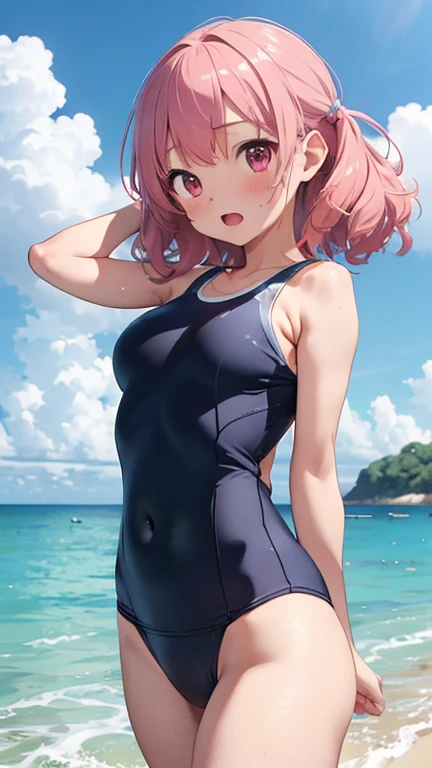 masterpiece、highest quality、Very detailed、Photograph the upper body、1 female、(Put your arms behind your back:1.4)、Are standing、Turn your body forward、View your audience、(School Swimsuit)、blush、shy、Pink Hair、Open your mouth、Ocean、Big Breasts、