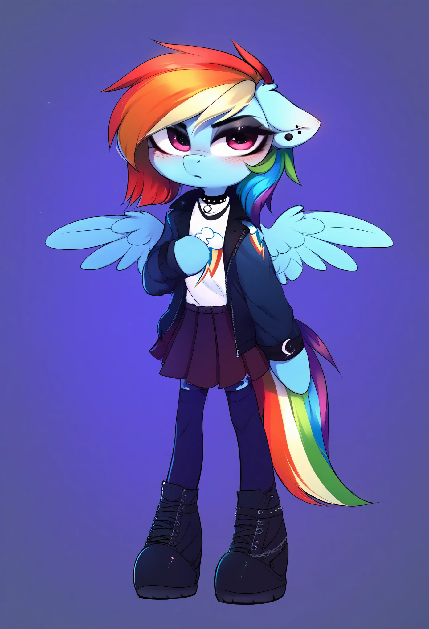score_9, score_8_up, score_7_up, source_furry, rating_safe, by magnaluna, rainbow_dash_(mlp) posing seductively in a goth bedroom, anthro, blushing, fullbody, full body
