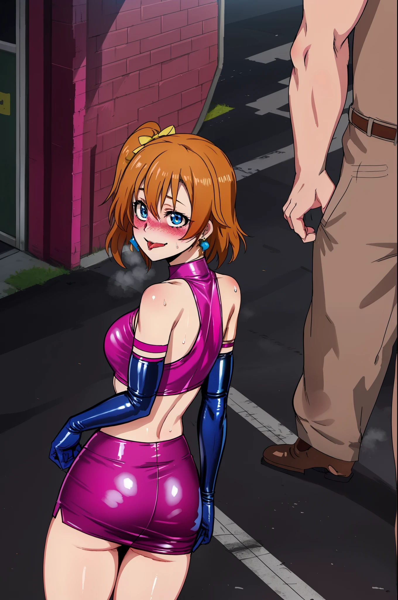 masterpiece, best quality,8k wallpaper, from behind,blue eyes,cowboy shot,kousaka honoka, (pink tight crop top), halter neck,breasts , elbow gloves, (pink latex skirt),mini skirt ,in street , solo, (standing:0.8), earrings , crotch , blushing, smile, masturbating ,sweaty, ass, tongue out