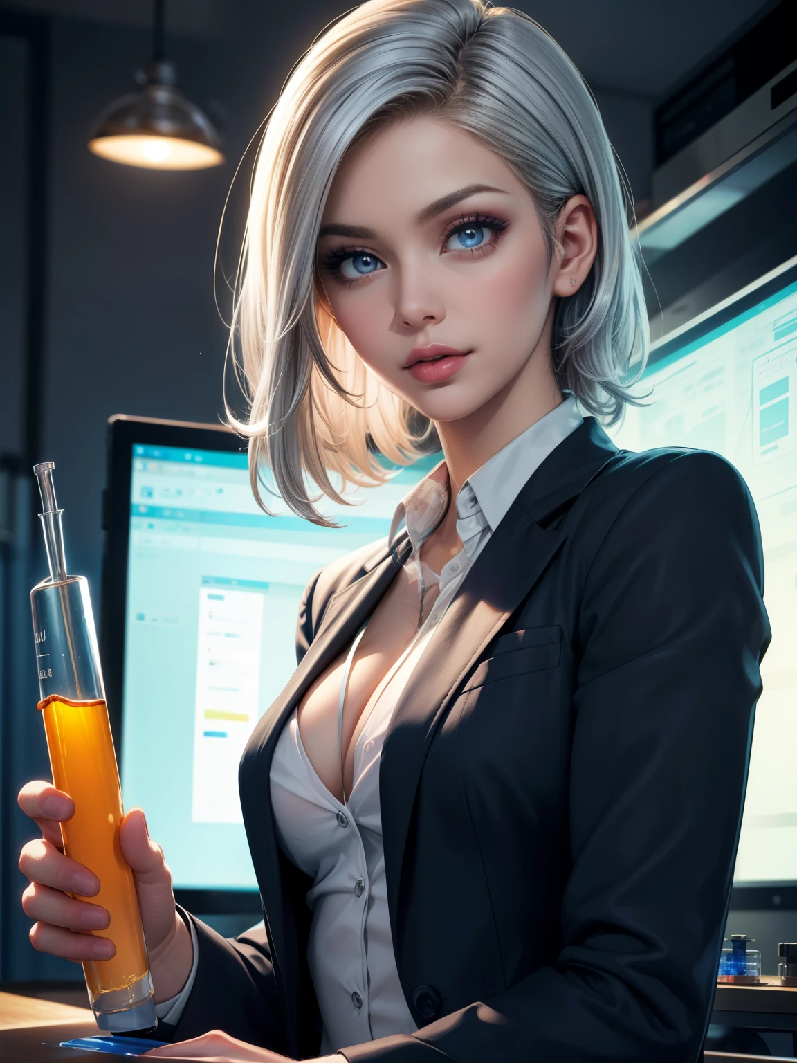 (best quality,ultra-detailed,photo-realistic:1.37),bright and vibrant colors, studio lighting, playful expression, stylish makeup ,( business Jacket ) ,Silver hair , alluring eyes, glossy lips, sexy pose, ,posing for a professional photoshoot ,shallow depth of field, highlighting the main subject, soft natural lighting ,creating a dreamy and magical atmosphere. ((very small breasts )),weak unhealthy ,(((very thin))) excited , (holding a test tube ) in the lab (science experiment
)