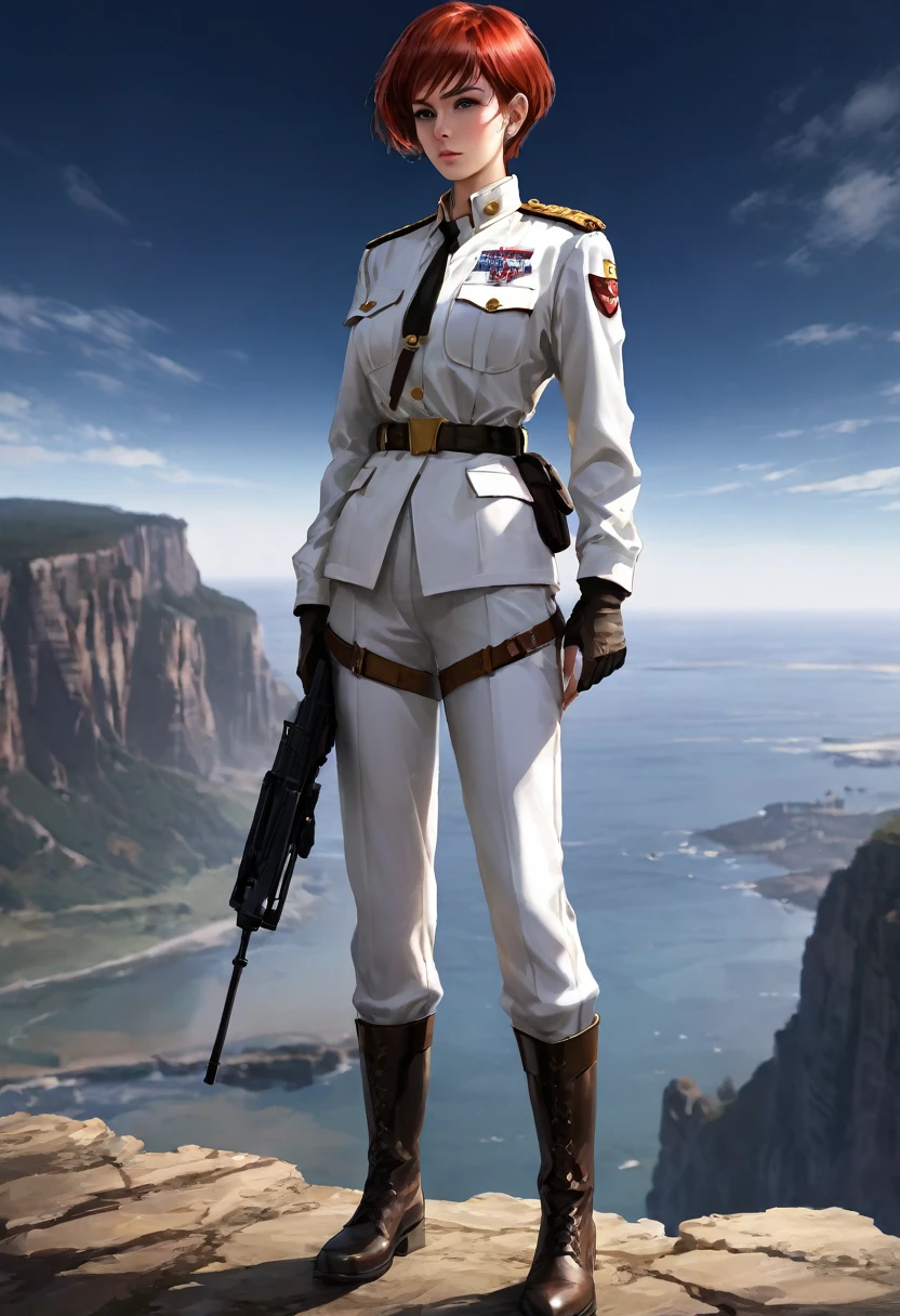 (Maximum resolution, Clearly_image) Excellent, masterpiece, High Detail, Semi-realistic,Intergalactic cowboy, A very beautiful woman, solitary, Normal handsome posture, Red short hair, Golden Eyes, indifferent expression, 18 years old, young, Tall and strong , white and red military uniform, Pants, Military Pants, Military boots, military uniform, Military Academy, confident, Serious, Cold and proud, standing on the cliff, Overlooking