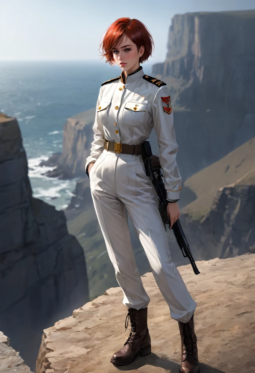 (Maximum resolution, Clearly_image) Excellent, masterpiece, High Detail, Semi-realistic,Intergalactic cowboy, A very beautiful woman, solitary, Normal handsome posture, Red short hair, Golden Eyes, indifferent expression, 18 years old, young, Tall and strong , white and red military uniform, Pants, Military Pants, Military boots, military uniform, Military Academy, confident, Serious, Cold and proud, standing on the cliff, Overlooking
