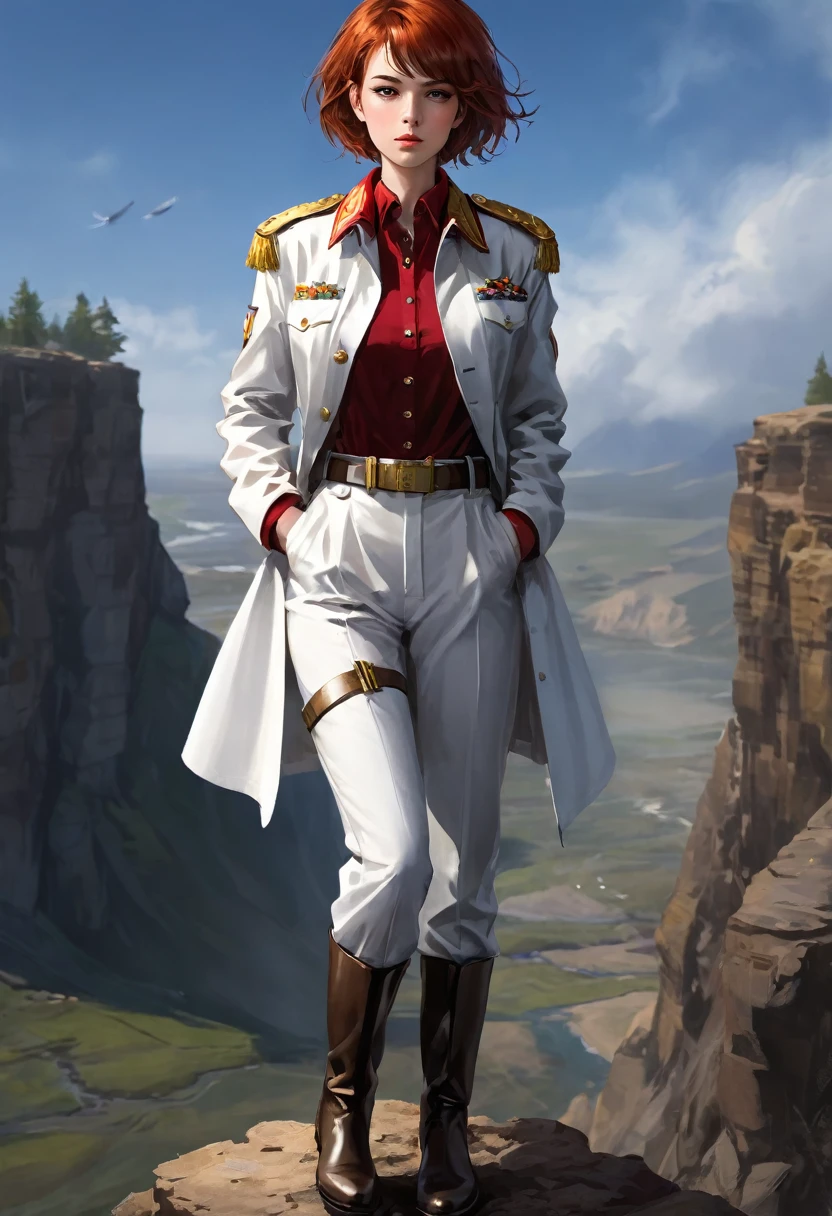 (Maximum resolution, Clearly_image) Excellent, masterpiece, High Detail, Semi-realistic,Intergalactic cowboy, A very beautiful woman, solitary, Normal handsome posture, Red short hair, Golden Eyes, indifferent expression, 18 years old, young, Tall and strong , white and red military uniform, Pants, Military Pants, Military boots, military uniform, Military Academy, confident, Serious, Cold and proud, standing on the cliff, Overlooking
