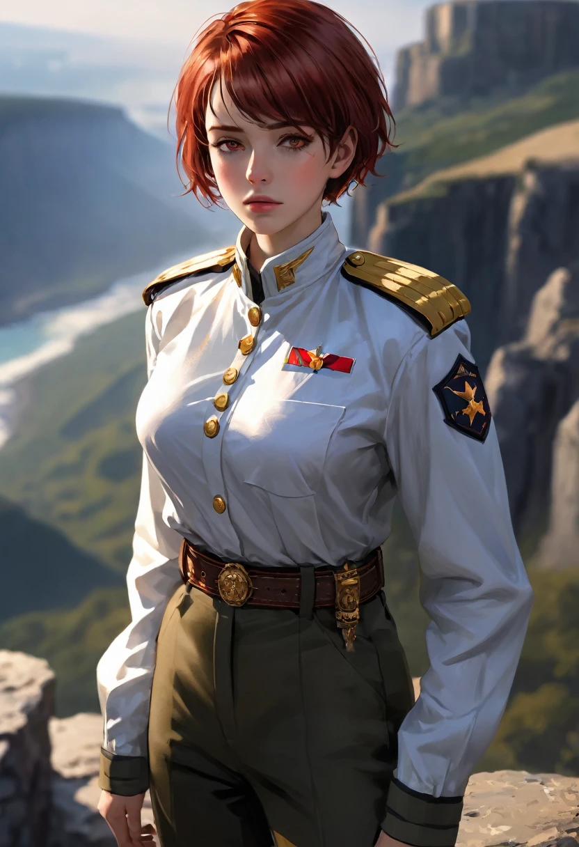 (Maximum resolution, Clearly_image) Excellent, masterpiece, High Detail, Semi-realistic,Intergalactic cowboy, A very beautiful woman, solitary, Normal handsome posture, Red short hair, Golden Eyes, indifferent expression, 18 years old, young, Tall and strong , white and red military uniform, Pants, Military Pants, Military boots, military uniform, Military Academy, confident, Serious, Cold and proud, standing on the cliff, Overlooking