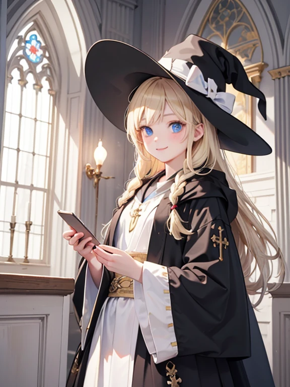 masterpiece, highest quality, Very detailed, 16k, Ultra-high resolution, Cowboy Shot, One ****************, Detailed face, smile, Perfect Fingers, blue eyes, Blonde, Braid, The figure of the wizard, Long pointed hat, Long black robe, temple, Cathedral, holding a long wizard&#39;s wand