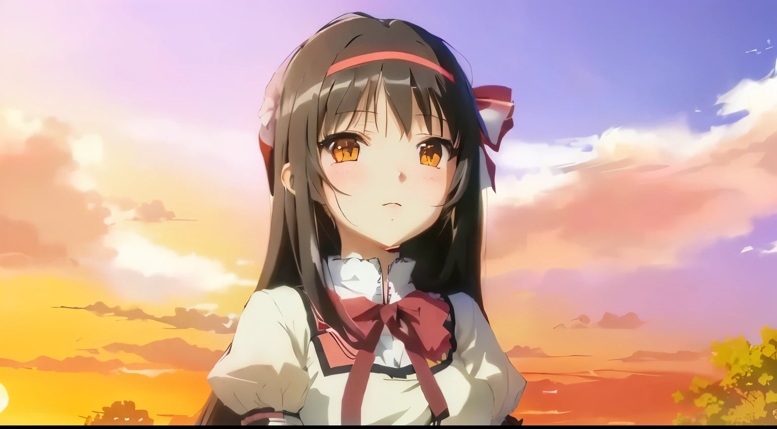 anime girl with long black hair and a red bow in front of a sunset, close up iwakura deitado, close de lain iwakura, madoka kaname, iwakura deitado, Yuruyuri, Reimu Hakurei, melhor garota de anime, close up of iwakura deitado, visual de anime de uma linda garota, personagem feminina de anime