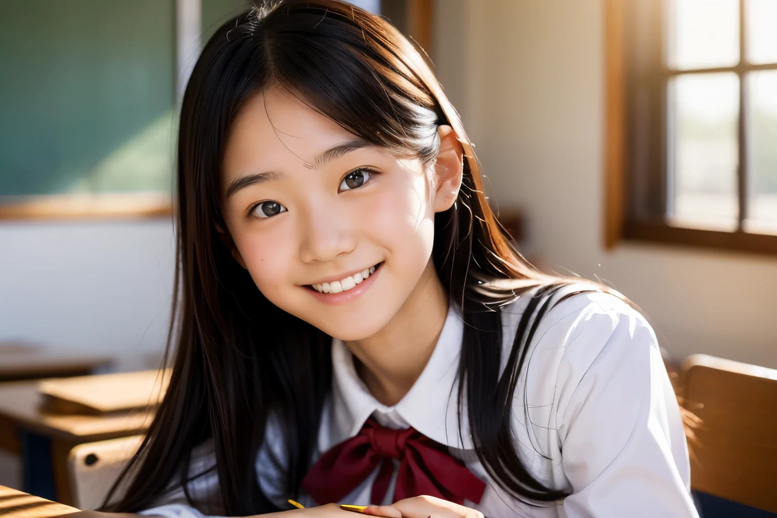 lens: 135mm f1.8, (highest quality),(RAW Photos), (Tabletop:1.1), (Beautiful 15 year old Japanese girl), Cute face, (Deeply chiseled face:0.7), (freckles:0.4), dappled sunlight, Dramatic lighting, (Japanese School Uniform), (In the classroom), shy, (Close-up shot:1.2), (smile), (Sparkling eyes), (sunlight)