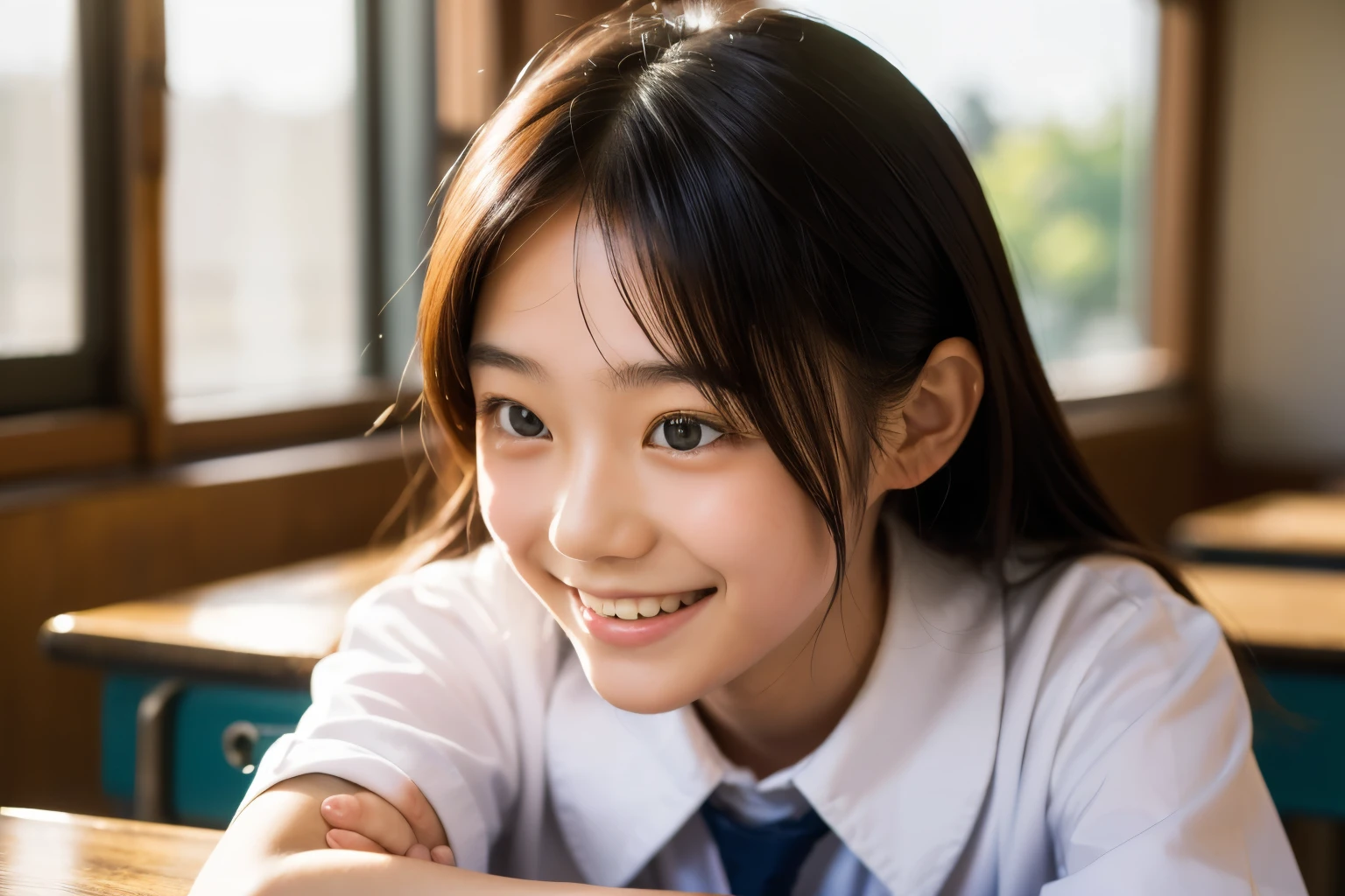 lens: 135mm f1.8, (highest quality),(RAW Photos), (Tabletop:1.1), (Beautiful 15 year old Japanese girl), Cute face, (Deeply chiseled face:0.7), (freckles:0.4), dappled sunlight, Dramatic lighting, (Japanese School Uniform), (In the classroom), shy, (Close-up shot:1.2), (smile), (Sparkling eyes), (sunlight)