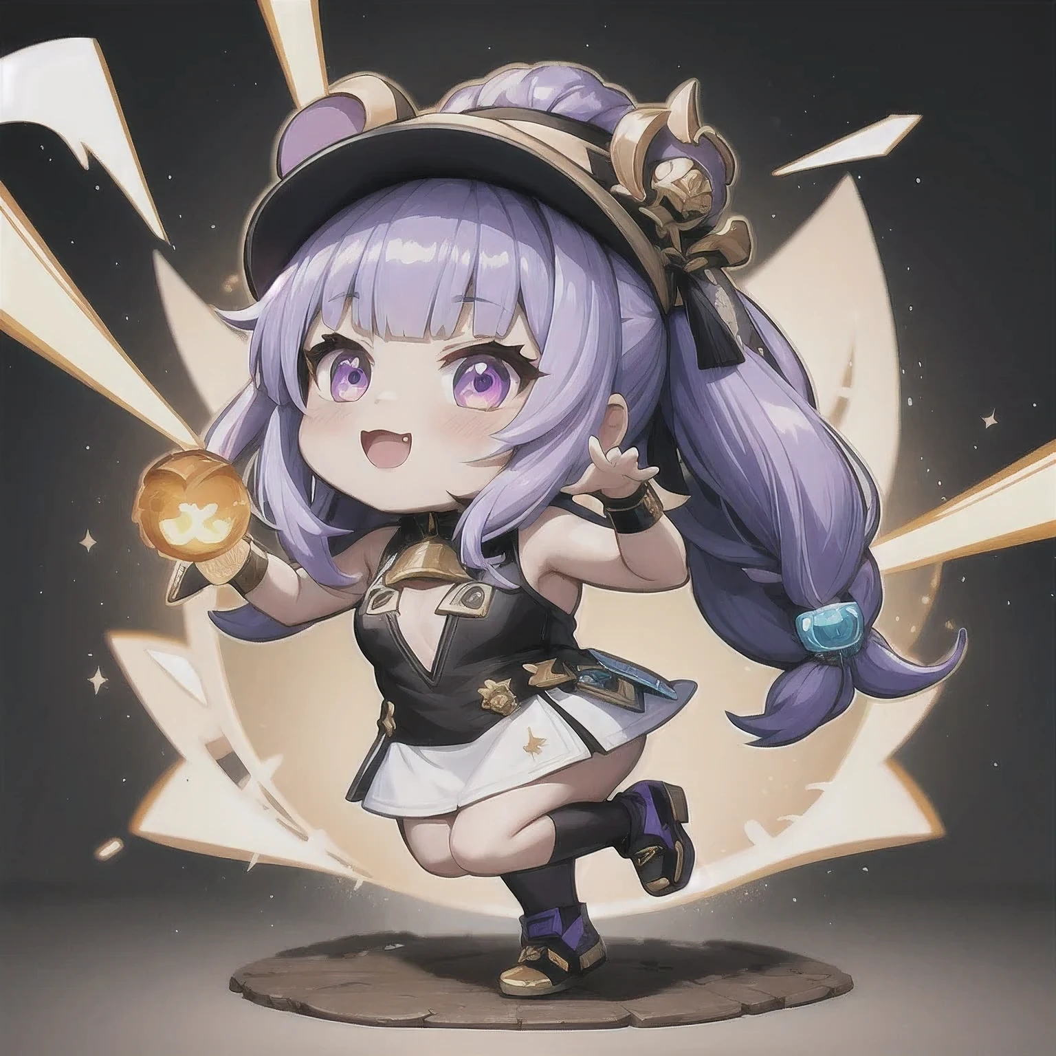a cartoon image of a girl with a purple hair and a black top, kda, character art of maple story, advanced digital chibi art, arcane art style, 2 d sprite, genshin impact character, official character art, chibi monster girl, chibi, , noire, ayaka genshin impact, maplestory mouse, hero 2 d fanart artsation，a cartoon image of a girl with a purple hair and a purple outfit, , chibi, kda, twitch emote, chibi monster girl, [[[[grinning evily]]]], 2 d sprite, of a ramlethal valentine, holding a pudica pose, melty, cute cyber gods, advanced digital chibi art