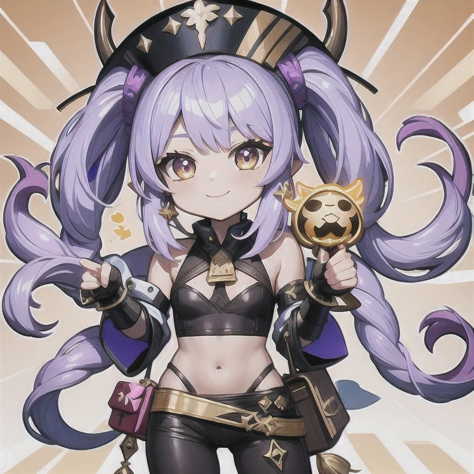 a cartoon image of a girl with a purple hair and a black top, kda, character art of maple story, advanced digital chibi art, arcane art style, 2 d sprite, genshin impact character, official character art, chibi monster girl, chibi, , noire, ayaka genshin impact, maplestory mouse, hero 2 d fanart artsation，a cartoon image of a girl with a purple hair and a purple outfit, , chibi, kda, twitch emote, chibi monster girl, [[[[grinning evily]]]], 2 d sprite, of a ramlethal valentine, holding a pudica pose, melty, cute cyber gods, advanced digital chibi art