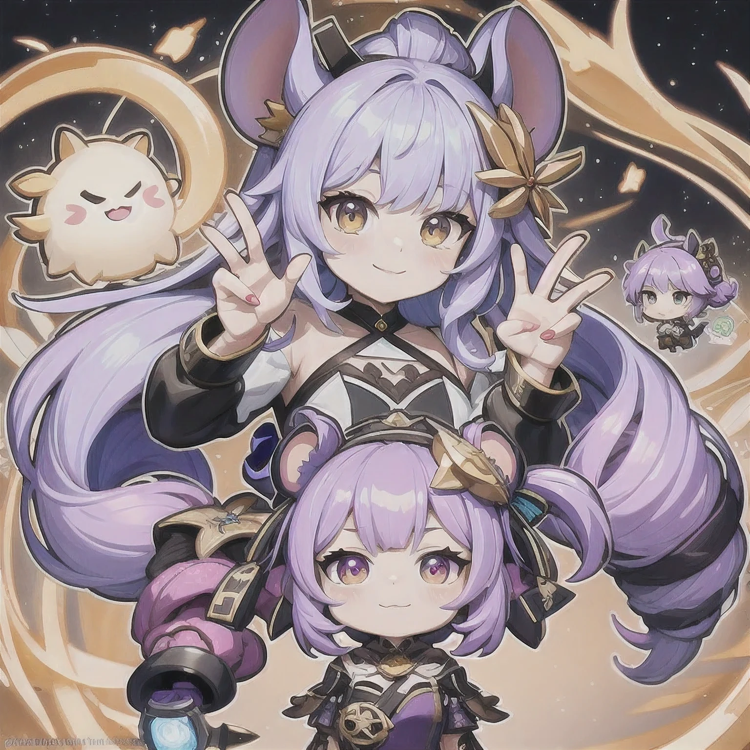 a cartoon image of a girl with a purple hair and a black top, kda, character art of maple story, advanced digital chibi art, arcane art style, 2 d sprite, genshin impact character, official character art, chibi monster girl, chibi, , noire, ayaka genshin impact, maplestory mouse, hero 2 d fanart artsation，a cartoon image of a girl with a purple hair and a purple outfit, , chibi, kda, twitch emote, chibi monster girl, [[[[grinning evily]]]], 2 d sprite, of a ramlethal valentine, holding a pudica pose, melty, cute cyber gods, advanced digital chibi art