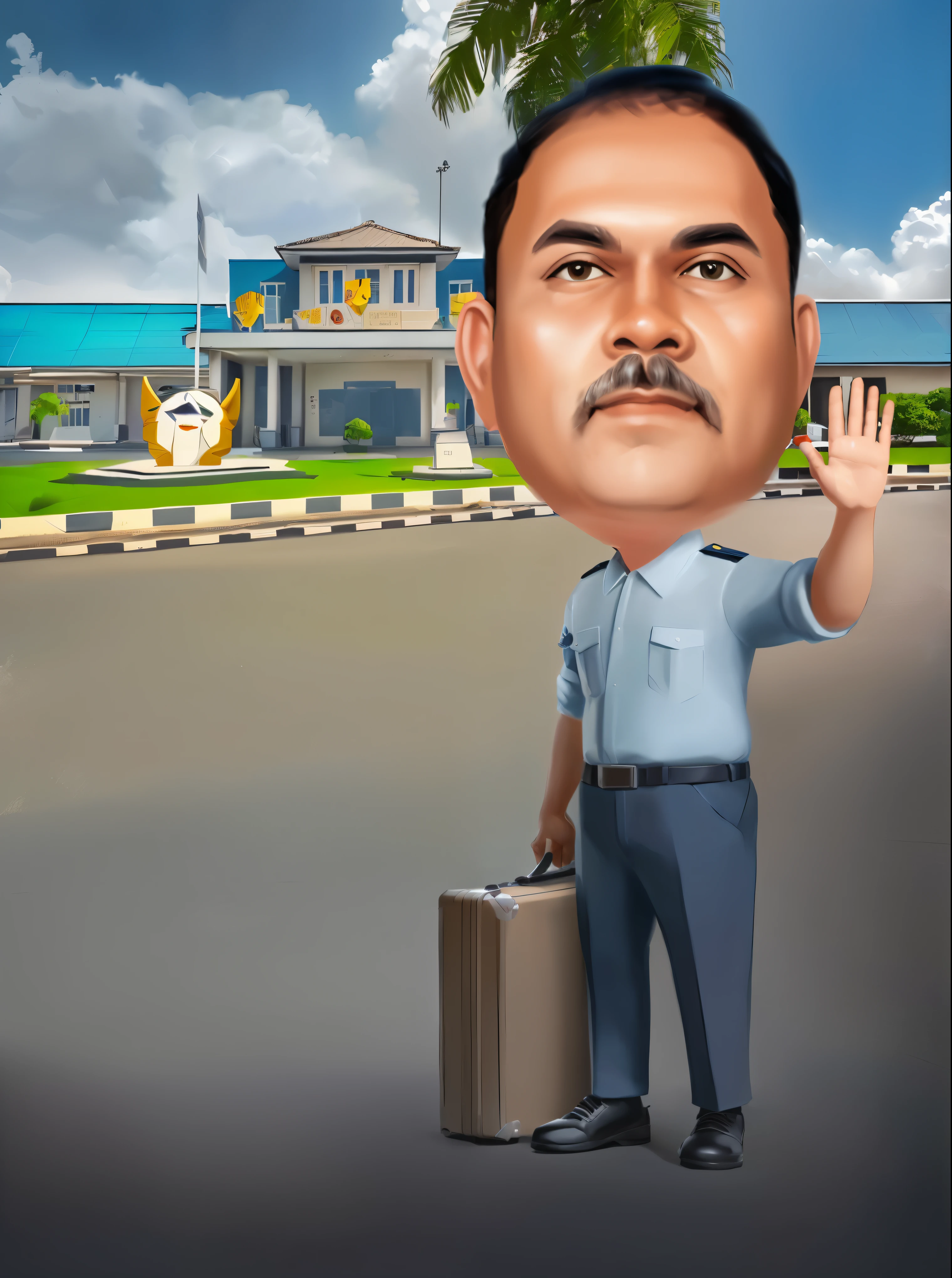 cartoon man with suitcase waving in front of a building, caricature illustration, in cartoon style, caricature style, digital art cartoon, vijay jayant props, cartoon digital painting, security agent, stylized digital illustration, cartoon digital art, caricature, inspired by Sudip Roy, digital art!!, digital cartoon painting art, toon rendering, tony sart highly detailed, realistic cartoon
