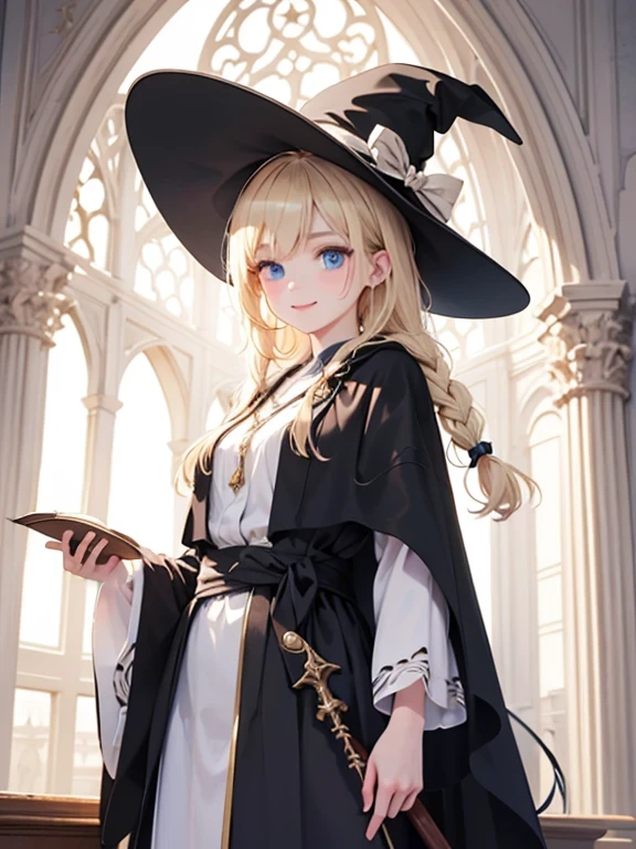 masterpiece, highest quality, Very detailed, 16k, Ultra-high resolution, Cowboy Shot, One ****************, Detailed face, smile, Perfect Fingers, blue eyes, Blonde, Braid, The figure of the wizard, Long pointed hat, Long black robe, temple, Cathedral, holding a long wizard&#39;s wand