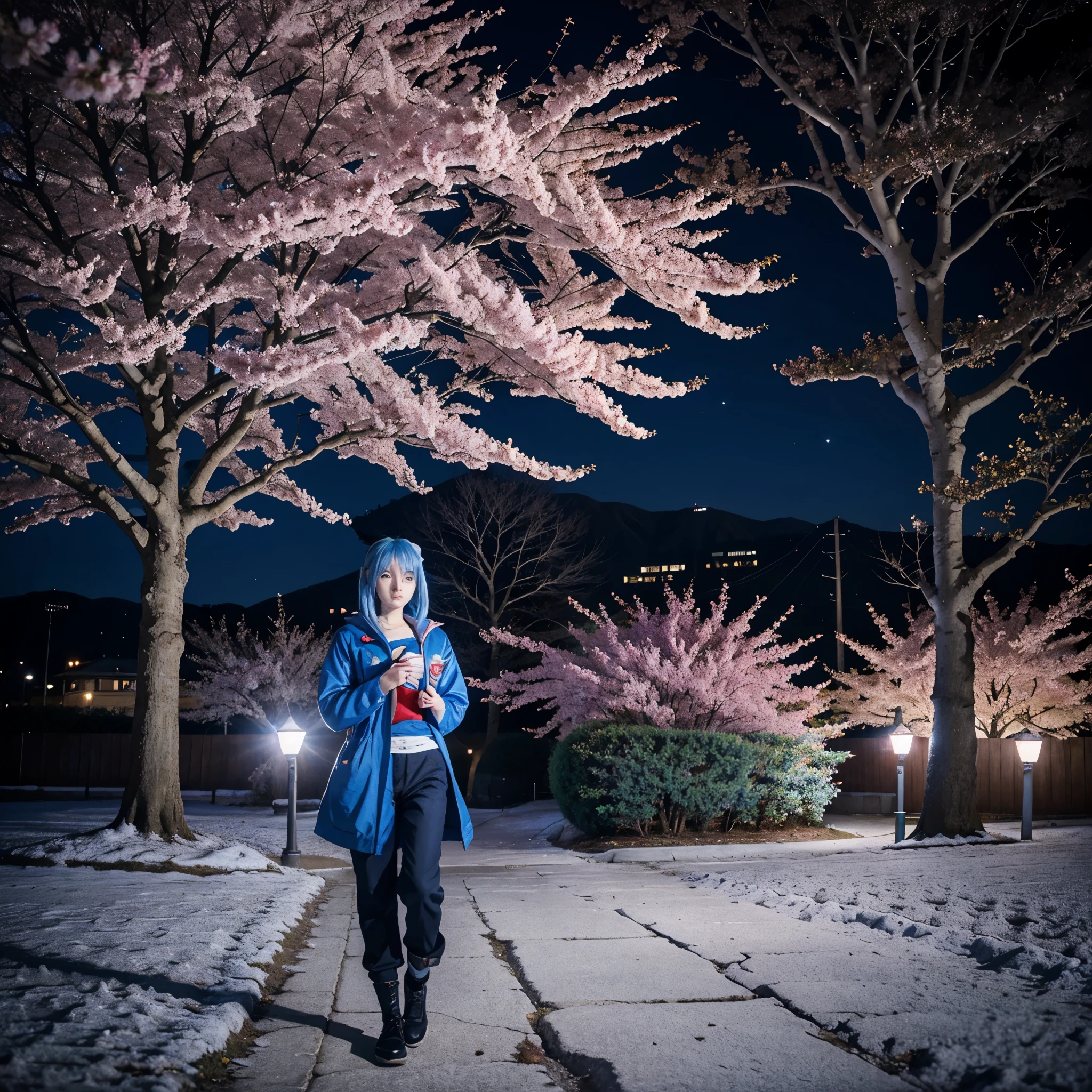 Anime scenery with anime character,blue hair ,blue eyes ,sky red blue, night,a cherry blossom tree