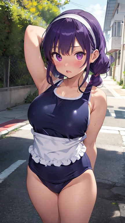 masterpiece、highest quality、Very detailed、Photograph the upper body、1 female、(Arms behind your back:1.4)、Are standing、Turn your body forward、View your vieweraid Headband、School Swimsuit、apron)、blush、shy、Purple Hair、Open your mouth、Ocean、Big Breasts、