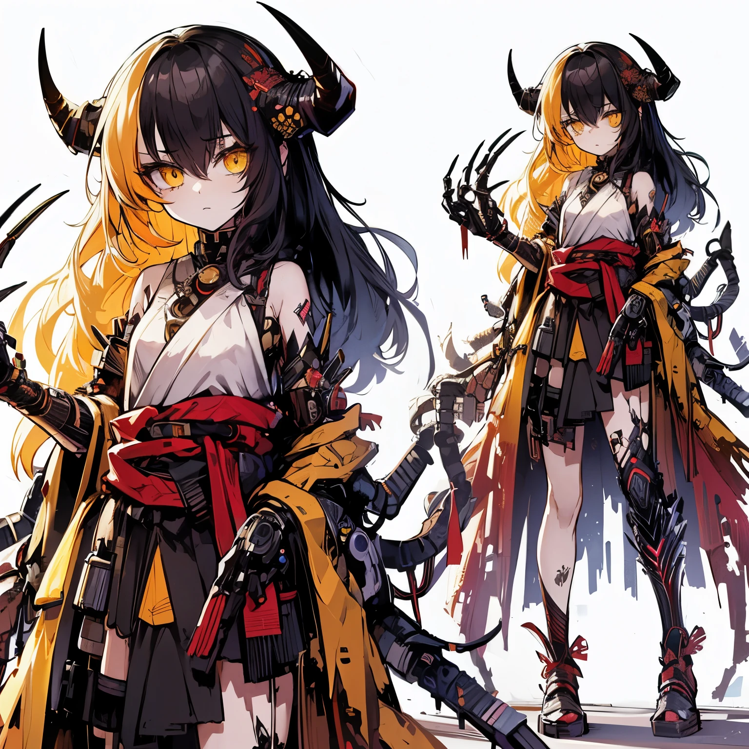 (masterpiece, highest quality), (Detailed Hair), Very detailed, Anime Style, whole body, alone, Concept Art, Cyberpunk demon girl, Neck-length black and yellow hair, Golden Eyes, His right hand has been modified into a deadly cybernetic claw.. Cyber Kimono, Torn red scarf, With cybernetic long horns, Wearing tabi socks, White Background, whole body, Standing in the wasteland,