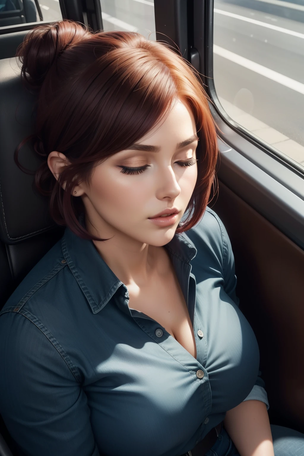 1 beautiful woman, voluptuous woman, large body, curvy, maroon hair, short hair, face made up, hair tied up in a bun, hair over the face, black low-cut blouse, FINGERS CROSSED, shot from above, top angle perspective, blue jeans, handbag blue, big nails, eyelids made up, eyelids outlined, asleep lying on a bus, head resting on the seat, eyes closed, MOUTH OPEN WIDE, lucy pinder, face portrait, very intense makeup..