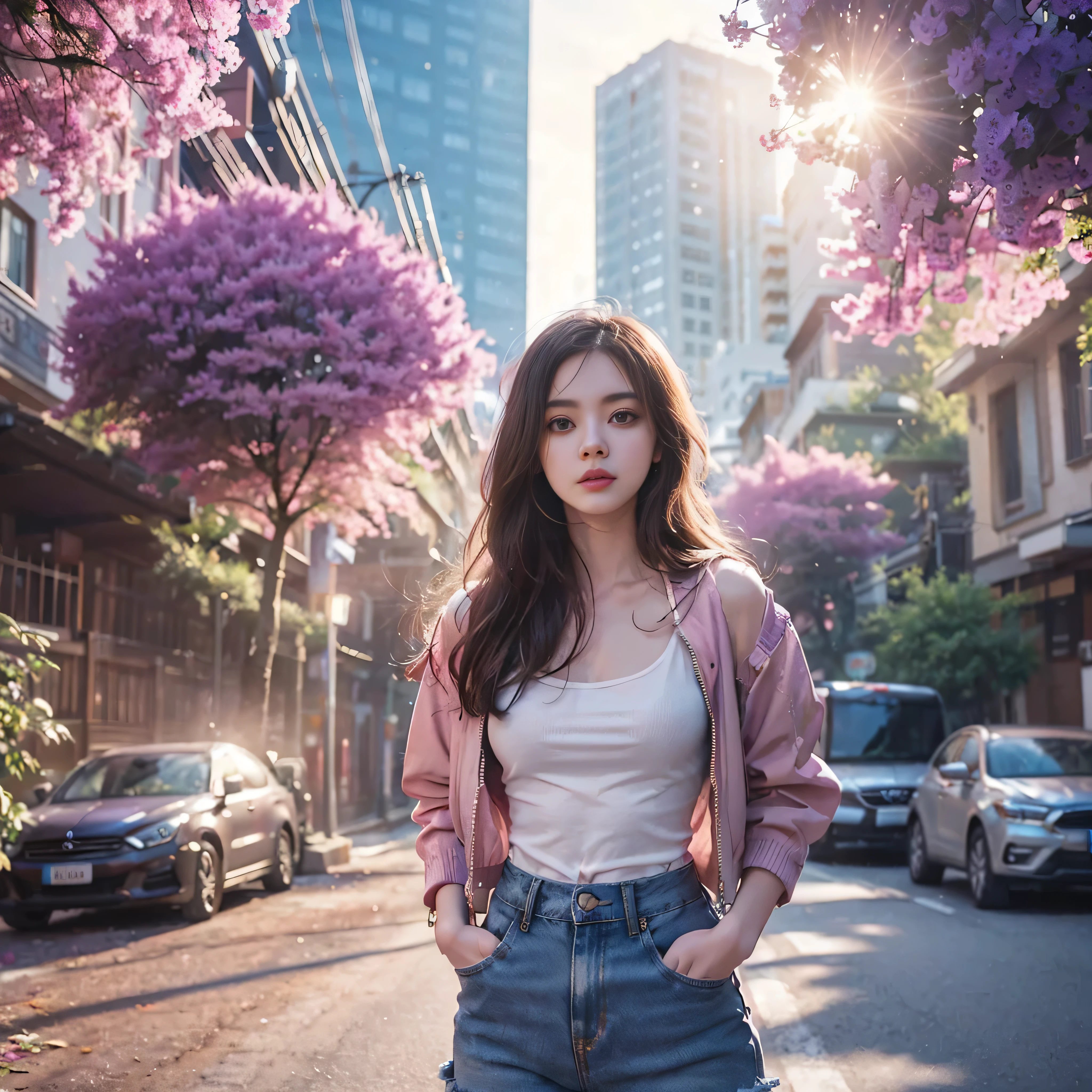 Cinematic photography of a beautiful asian girl standing on a street lined with trees adorned with bright purple flowers. TThe girl was wearing a white tank top covered with a pink trucker jacket and blue short jeans. In the background, urban buildings and a parked car are visible. The scene exudes a serene atmosphere, bathed in natural light, creating a lens flare and background light. Dolly ramp transition effect, profesional color gradient, Shot by realme 12 pro