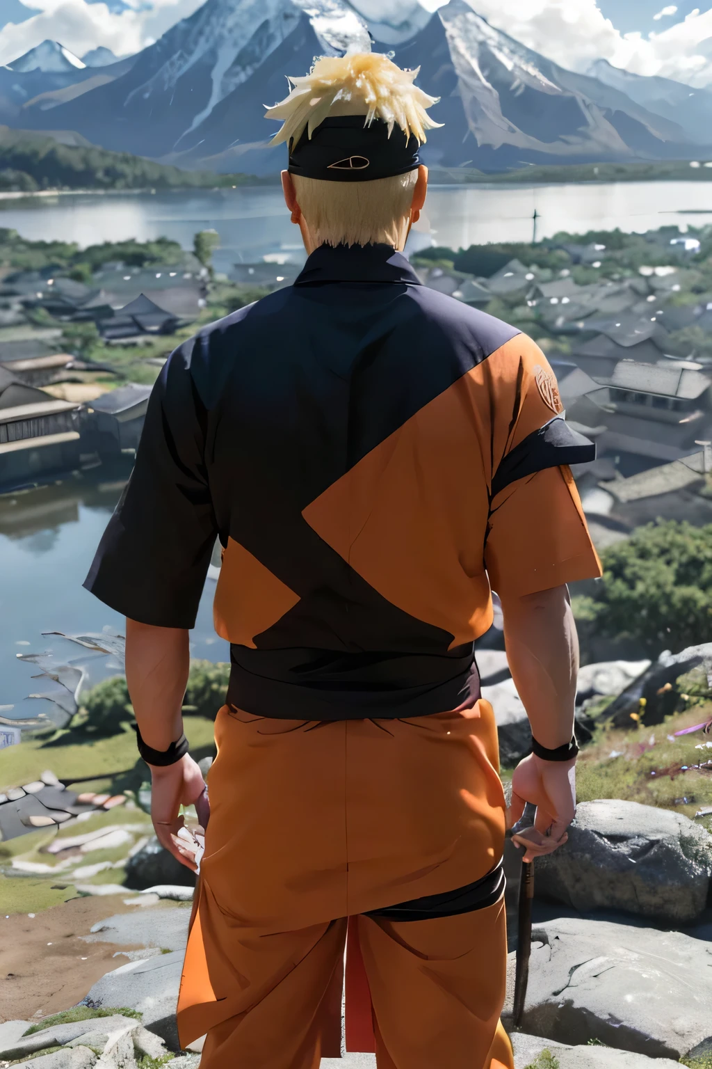 (realistic,highres:1.2),realistic konoha background,8k,(vivid colors),(ultra-detailed),extremely detailed mountain, Naruto Uzumaki wearing yondaime robe,backpose, camera behind subject, detailed facial expression, long blond hair, bright blue eyes, focused look, (determined expression), sharp whisker marks on cheeks, tall and muscular build, (focused gaze), (intense eye contact), (confident posture), detailed konoha forehead protector, (eastern-inspired), (dynamic composition), (sense of motion), detailed folds and creases on the robe, (flowing fabric),(crimson robe),(elaborate embroidery), (symbol of power),(powerful aura), (inspiring presence),(symbolic significance),(hero theme), impressive mountain range in the background, (majestic landscape),(panoramic view), (towering peaks),(serene atmosphere), (peaceful setting),(Konoha Village theme), (lush greenery),(clear blue sky), (sunlight filtering through the trees), (radiant light and shadows), (captivating scenic beauty),(meticulously crafted scene),(engaging artwork),(detail-oriented), (highly immersive), (masterpiece:1.2).