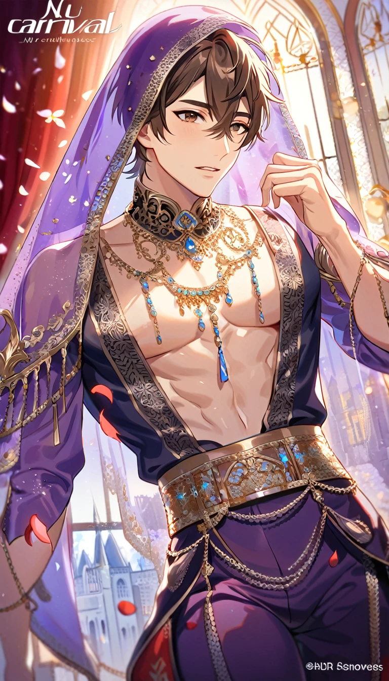 absurdres, highres, ultra detailed, HDR, master piece, best quality, perfect face, beautiful eyes, delicate features, Eiden, brown hair, expressive brown eyes, Nu Carnival, solo, man, handsome, bedlah clothes, purple pants, purple veil, window, castle, red curtains, petals, chandelier