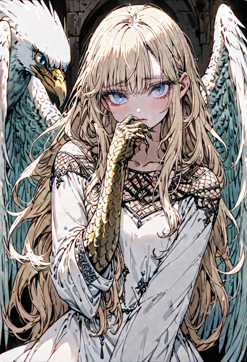 solo, female, sfw, warm, harem, medieval, harpy, large wings, pale blue wings, short, shy, turquoise eyes, thick lashes, curly blonde hair, long hair, , shy pose, white dress, medium shot, claws, scales on hands