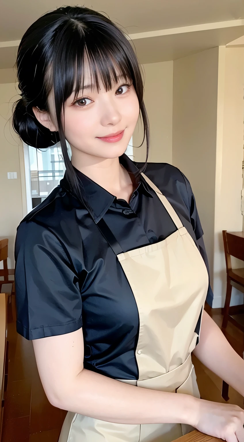 (highest quality,masterpiece:1.3,Ultra-high resolution,),(Very detailed,Caustics),(Photorealistic:1.4,RAW shooting,)Ultra-Realistic Capture,Very detailed,High resolution 16K human skin closeup。 Natural skin texture、,Pores、、、、It must be detailed enough to be easily identifiable。 Skin tone is even and healthy looking。 Use natural light and color,restaurant,Waitress Uniform,1 girl,Japanese,18-year-old,cute,Black-haired,ponytail,Big Breasts,smile,Turn your body forward,(Front view:1.1),Looking at the camera,Cowboy Shot,