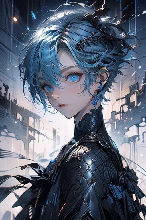 1boy,solo,blue eyes,blue hair and short hair,dark,darkness,upper body