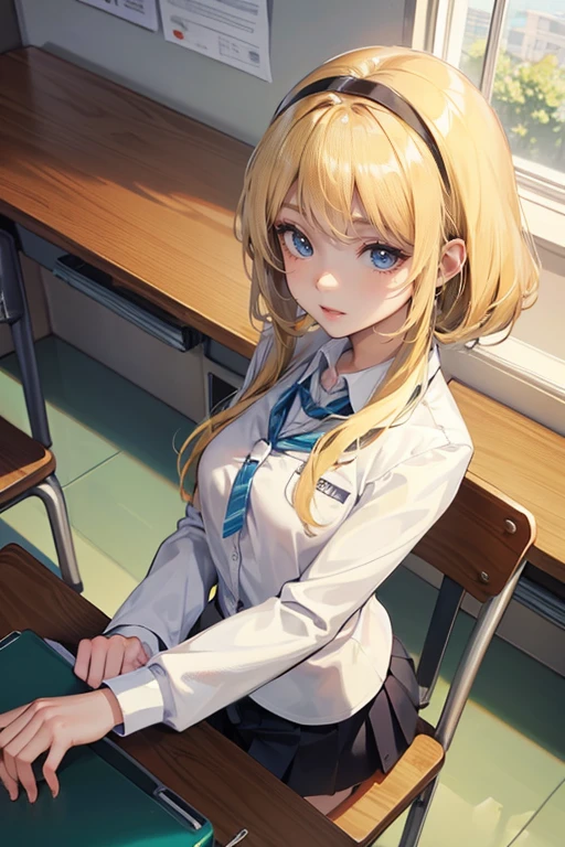 1girl,solo,blond hair,,lunch box,lunch time,in classroom,