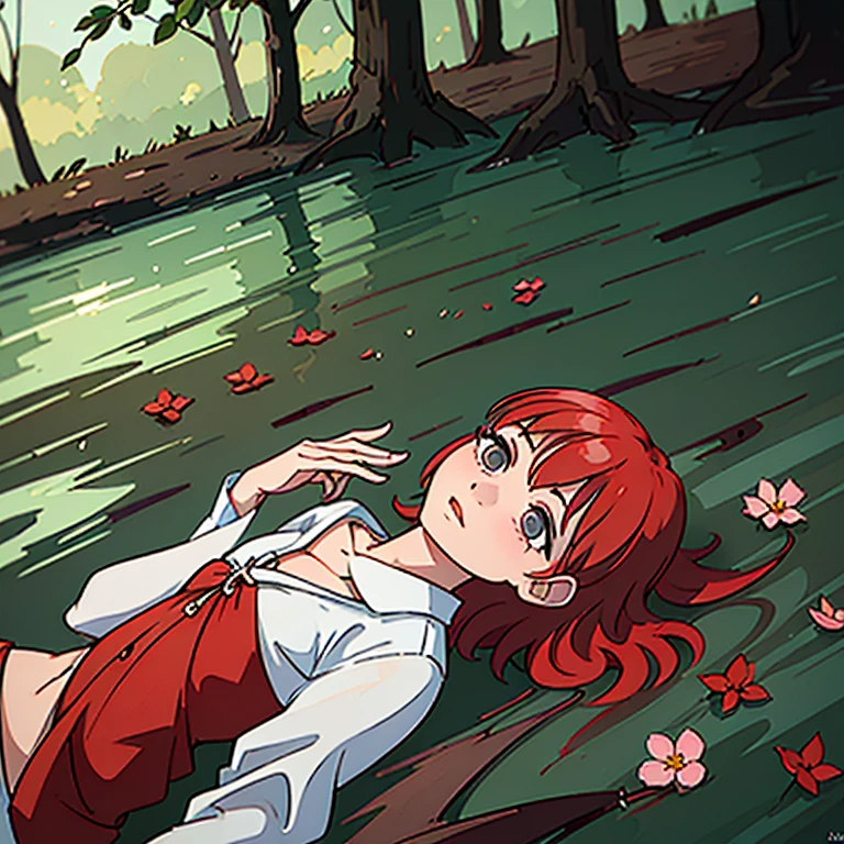 (best quality,highres,masterpiece:1.2),ultra-detailed,red flower in water,dark red flower,playful leaves,leaves flying,beautiful midday light,bright flowers,clear water,close-up camera angle,forest in the background,sharp focus,professional,vivid colors,forest in the background,water reflections,soft shadows,subtle highlights,lush foliage,texture details,harmony between colors,colorful petals,floating petals,wet surfaces,refreshing atmosphere,tranquility,serene ambiance,natural beauty,organic elements,peaceful setting,magical moment,ethereal quality,mesmerizing composition,unforgettable experience.