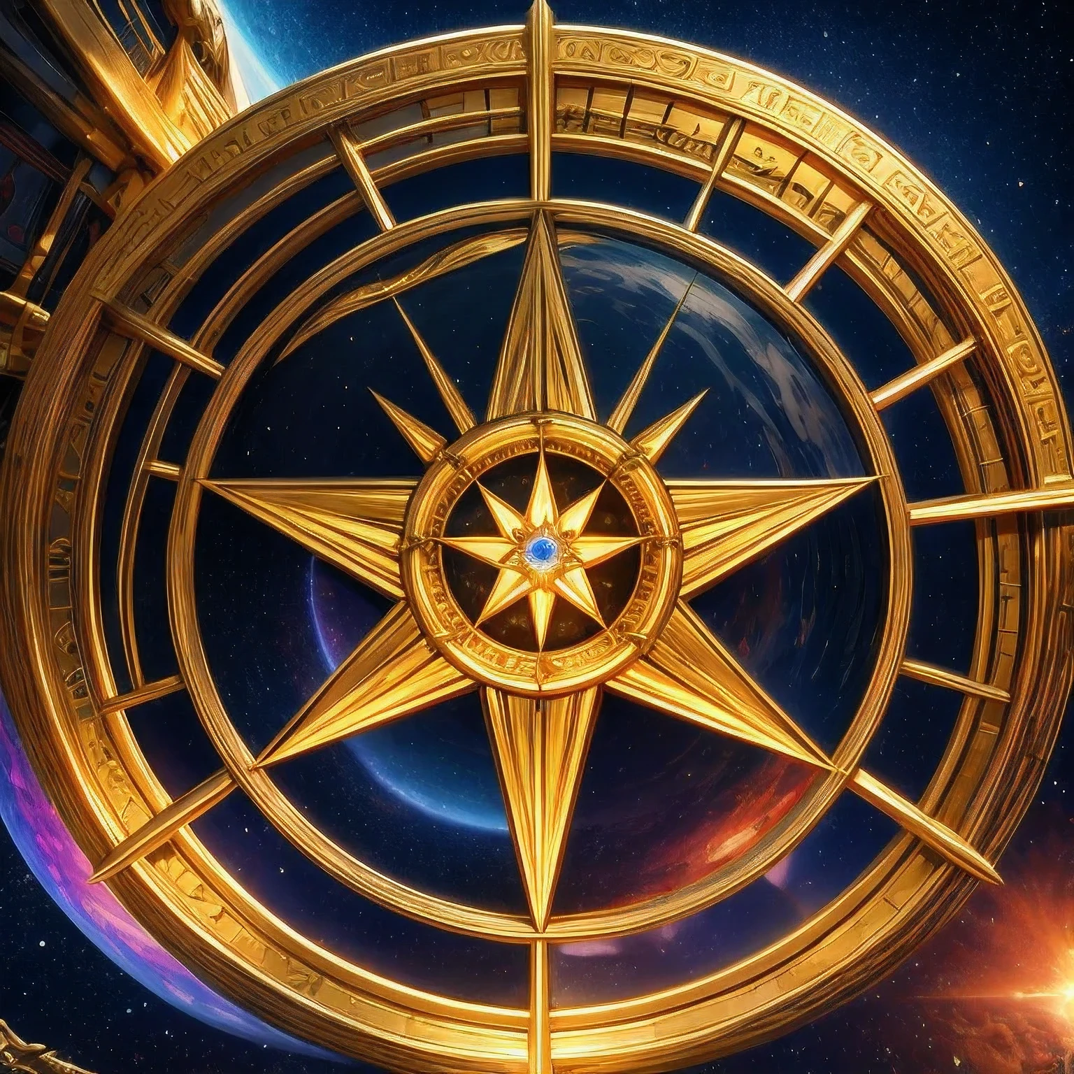 Close-up of Golden Trophies,(((Trophies)))There is a rainbow star in the middle,There is also a seven-pointed pink star, symmetry!! Concept Art, Futuristic Gilded Star Gate, Fantasy RPG symmetry portrait, symmetry epic fantasy art, Deviantart eka portal, ornate galactic gold, Fantasy game spell symbols, CG art, Astrolabe, Gorgeous gilded space machine, Imperial symbols