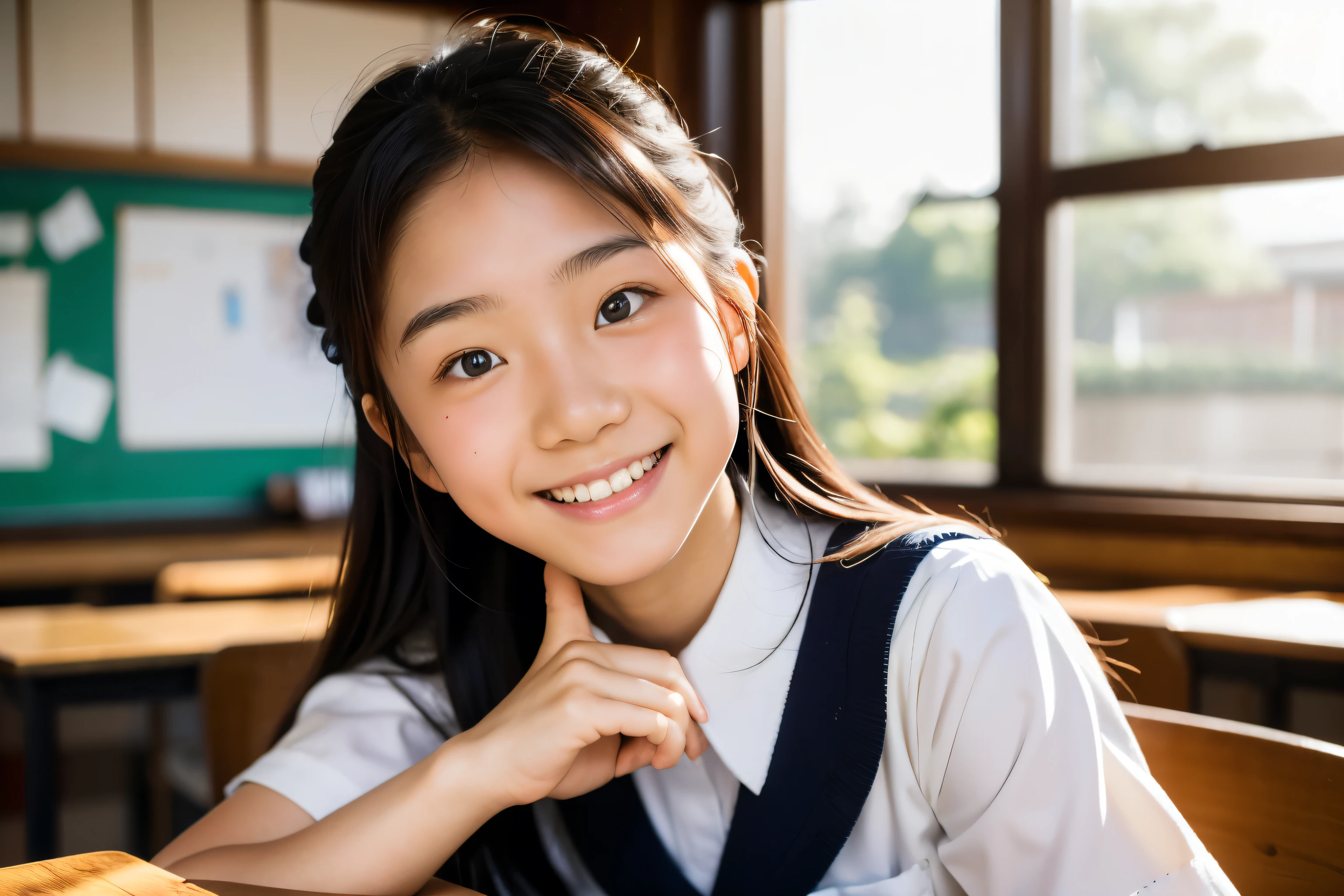 lens: 135mm f1.8, (highest quality),(RAW Photos), (Tabletop:1.1), (Beautiful  Japanese girl), Cute face, (Deeply chiseled face:0.7), (freckles:0.4), dappled sunlight, Dramatic lighting, (Japanese School Uniform), (In the classroom), shy, (Close-up shot:1.2), (smile), (Sparkling eyes), (sunlight)