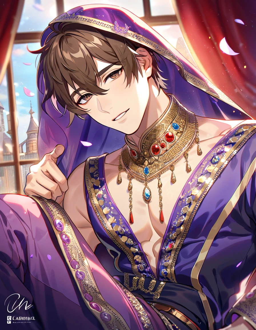 absurdres, highres, ultra detailed, HDR, master piece, best quality, perfect face, beautiful eyes, delicate features, Eiden, brown hair, expressive brown eyes, Nu Carnival, solo, man, handsome, bedlah clothes, purple pants, purple veil, window, castle, red curtains, petals, chandelier