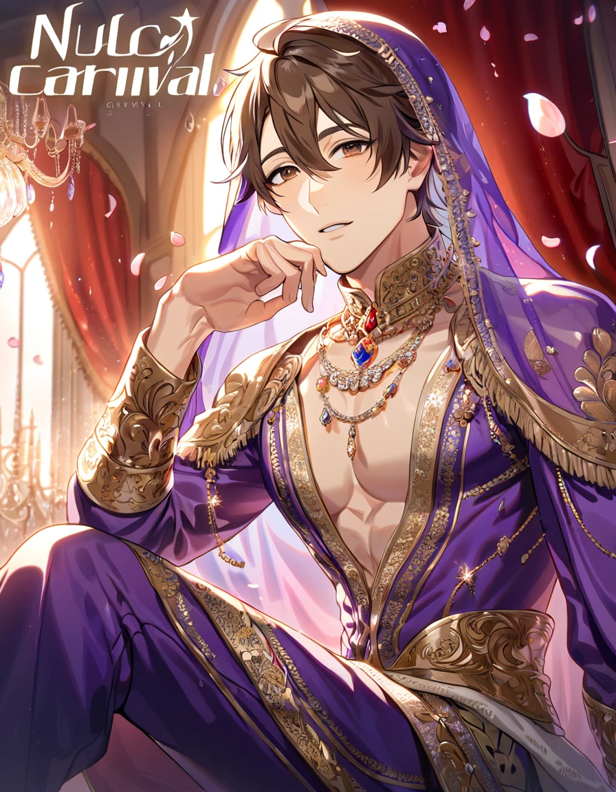absurdres, highres, ultra detailed, HDR, master piece, best quality, perfect face, beautiful eyes, delicate features, Eiden, brown hair, expressive brown eyes, Nu Carnival, solo, man, handsome, bedlah clothes, purple pants, purple veil, window, castle, red curtains, petals, chandelier