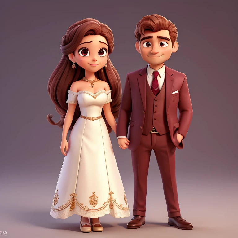 Casal em desenho: Mulher com vestido de noiva, cabelo e olhos castanhos e pele branca. Man in burgundy suit, cabelo barba bigode e olhos castanhos e pele branca.