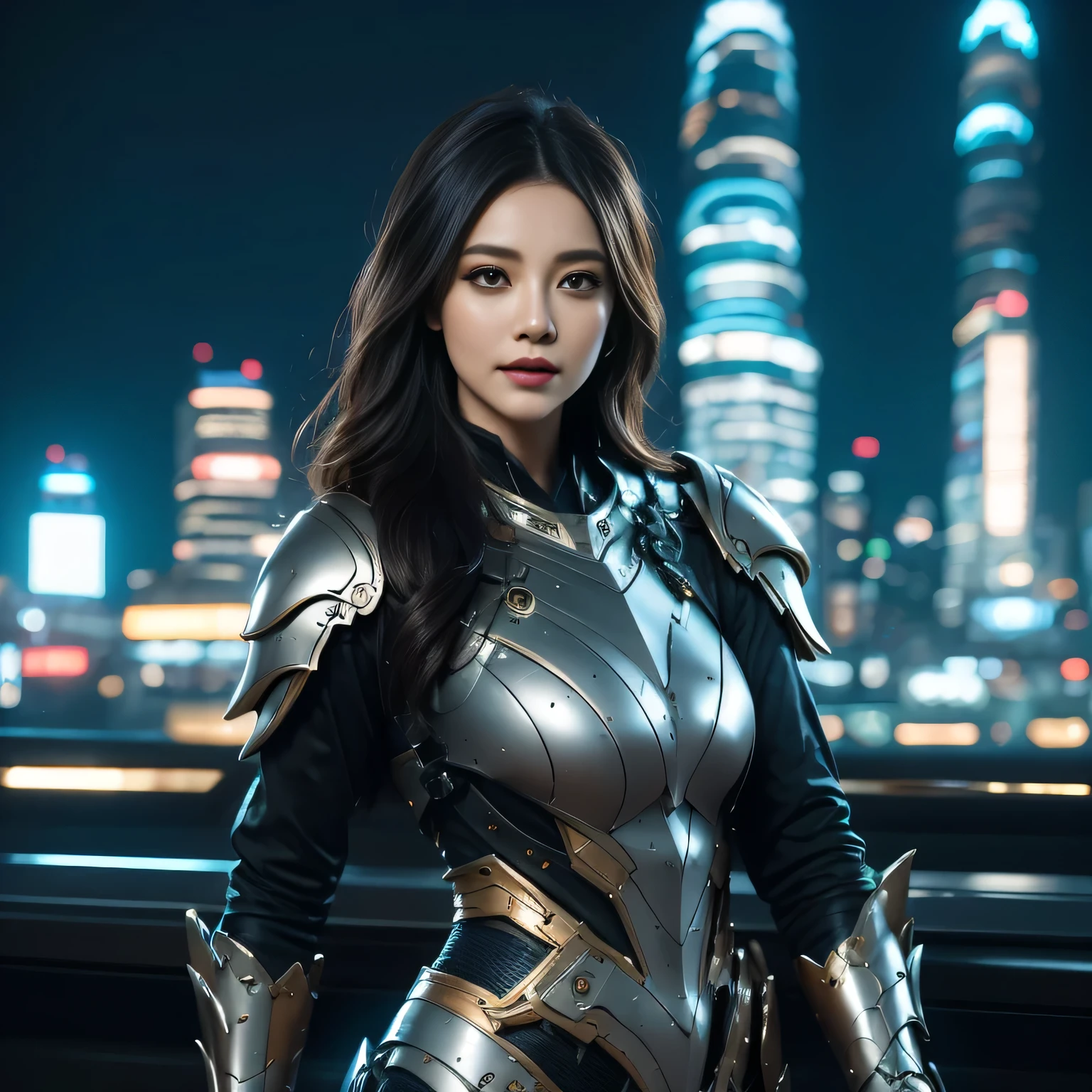 Futuristic Armored Busty Brunette In this image, a woman of robust stature and rich, dark hair cascading to her waist stands proudly. Her imposing figure is clad in a suit of armor that gleams with a futuristic allure, the metallic surface reflecting the lights of an unknown cityscape in the background. Her eyes, filled with determination, are the focal point of her visage, both piercing and enchanting. She is the epitome of strength and beauty in a sci-fi fantasy world.