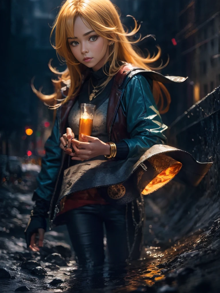 "(((masterpiece))), best quality, Ultra-fine CG unity 8k wallpaper, Depicted《Dragon Ball Z》中人造人 18 号在一座ruins城市中, permanent, Light Blonde Hair, White top and black vest, blue jeans, orange socks, Black shoes, Black gloves, necklace, bracelet, Destruction and chaos, smokes, fire, ruins, dust, Strong shadows, Dramatic Lighting, Melancholy atmosphere, A similar ending, giggle"