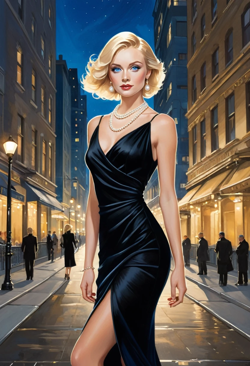 A stunning illustration of a woman with blonde hair and piercing blue eyes. She wears a sophisticated black dress and a long string of pearls, accentuating her elegance. The woman poses confidently on a bustling city street, with tall buildings and streetlights in the background. The pavement beneath her feet shimmers under the warm golden streetlights., illustration