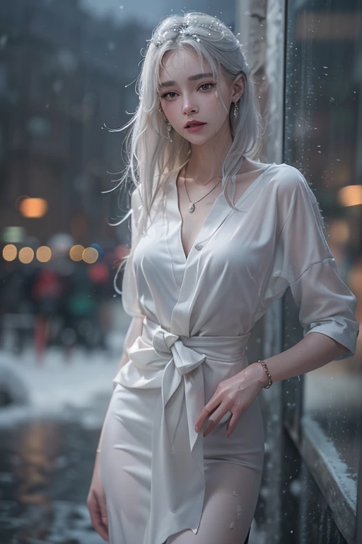 (masterpiece:1.3), (8k, Photorealisticistic, RAW Photos, Best image quality: 1.4), Fair skinの妖精の女性、Long Hair、Cleavage:2.0、Highly detailed face、Attention to detail、double eyelid、Chest to chest、Sharp focus:1.2、Beautiful woman:1.4、Silvery white hair、highest quality、masterpiece、超A high resolution、(Photorealisticistic:1.4)、Highly detailed and professionally lit smiles、Loose, Light, Shoulder out、thin、Serious expression、Short-haired、Deadly position, Gorgeous Accessories, one person (RAW shooting, Photorealistic:1.5, 8k, highest quality, masterpiece, Ultra-high resolution), (((heavy snow))), Perfect dynamic composition:1.2, (Modern city night urban building front, Expressions of sadness:0.9, Tears flow:0.9, Crying with a broken heart:0.9), Highly detailed skin and facial textures:1.2, Slim office lady wet with rain:1.3,  Fair skin:1.2, Sexy beauty:1.1, Perfect Style:1.2, beautifully、aesthetic:1.1, Very beautiful face:1.2, Water droplets on the skin, (Rain dripping down on my body:1.2, Wet body:1.2, Wet Hair:1.3), (Holding a bloody knife:1.2, How to wear a wet white blouse correctly:1.35), (Medium Chest, Bra is sheer, Chest gap),  (Beautiful erotic eyes:1.0), (Too erotic:0.9, Fascinating:0.9), necklace, Earrings, bracelet