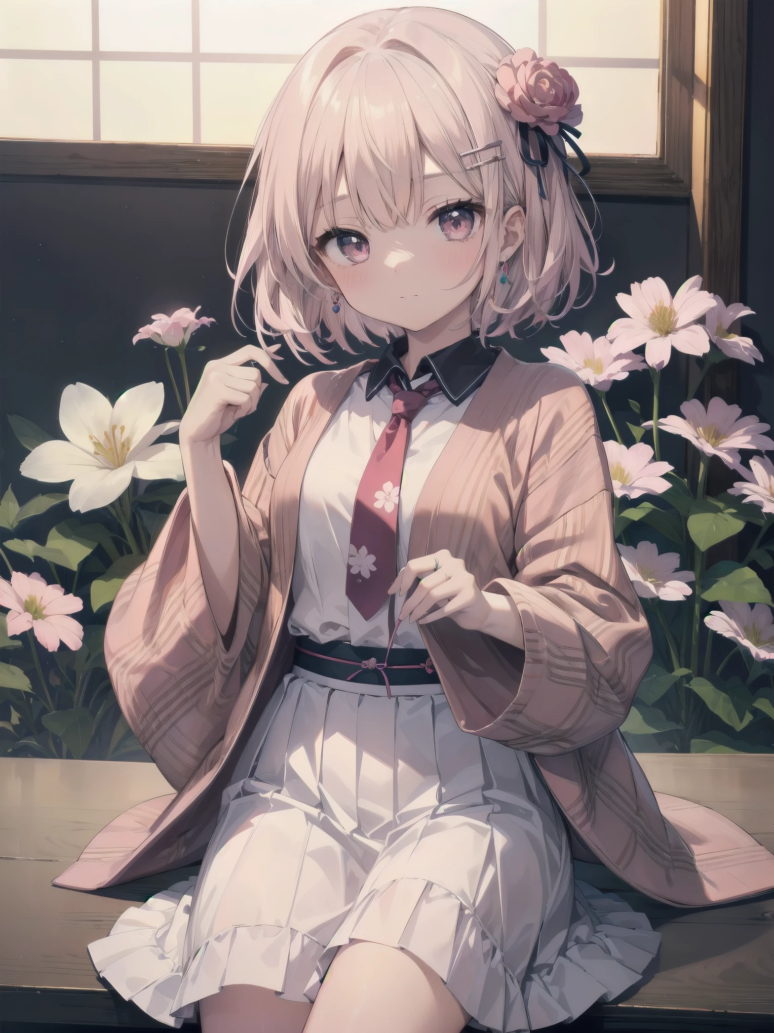 sendo yuuhi, short hair, hair rings, hair ornament, , shirt, necktie, jacket, brown sweater, long sleeves, white skirt, plaid skirt, kawaiitech, pastel colors, kawaii, cute colors, jyojifuku, obi, wide sleeves, yukata, dress, floral print