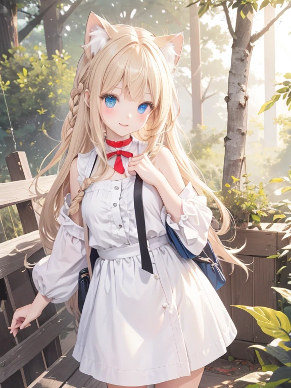 masterpiece, highest quality, Very detailed, 16k, Ultra-high resolution, Cowboy Shot, One -yeld gi Detailed face, Perfect Fingers, Cat ears, blue eyes, Blonde, Braid, Sleeveless, Light clothing, in the forest, During a walk