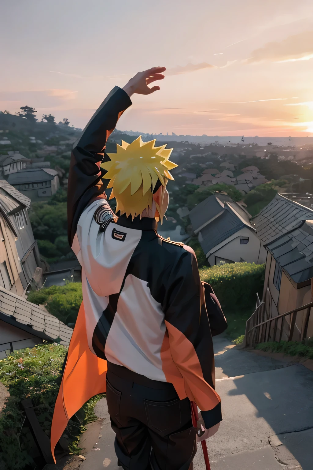 Uzumaki naruto overlooking the Leaf Village, backside, which stretches into the background with traditional houses and a huge statue of Hashirama Senju. The sky is tinged with shades of orange and pink, cortando o final de um dia agitado. Naruto looks determinedly at the horizon, pronto para proteger sua aldeia, ultra detail, 8k, chlotes detail, ultra detail.