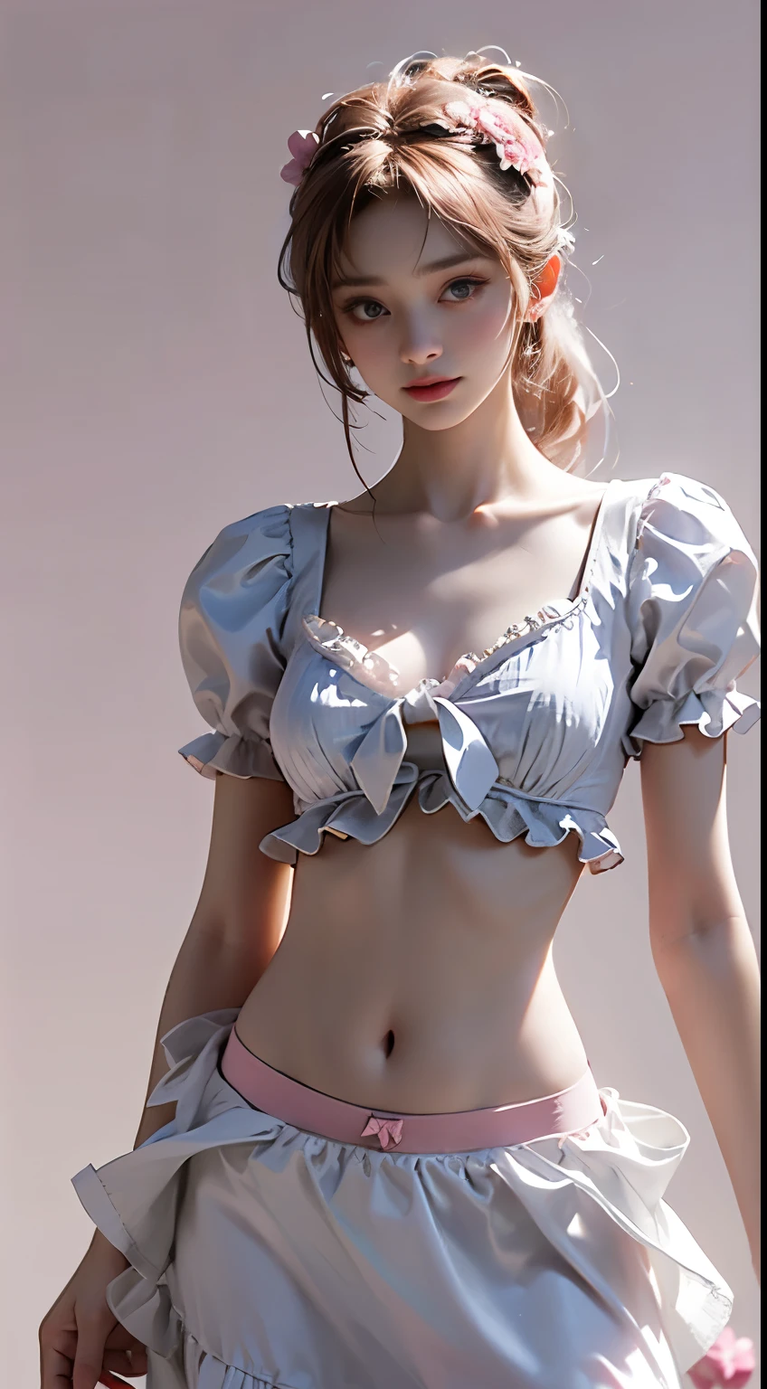 Top quality, Masterpiece, Ultra-high resolution, (Photorealistic: 1.4), RAW photo, 1 girl, English maid, Ruffled maid headband, pony tails, Braided hair, Ruffle blouse, Ribbon Ties, aprons, Long skirt, Puff sleeves, White silk ankle socks，frilld, Glowing skin, No gray background, Flowers, crouched,Slightly upturned eyes,The belly button and the surrounding area are exposed,Light pink underwear,Thin cotton underwear,Small Hips,Small waist,Thin legs,Light pink underwear,Thin cotton underwear,Slim figure,