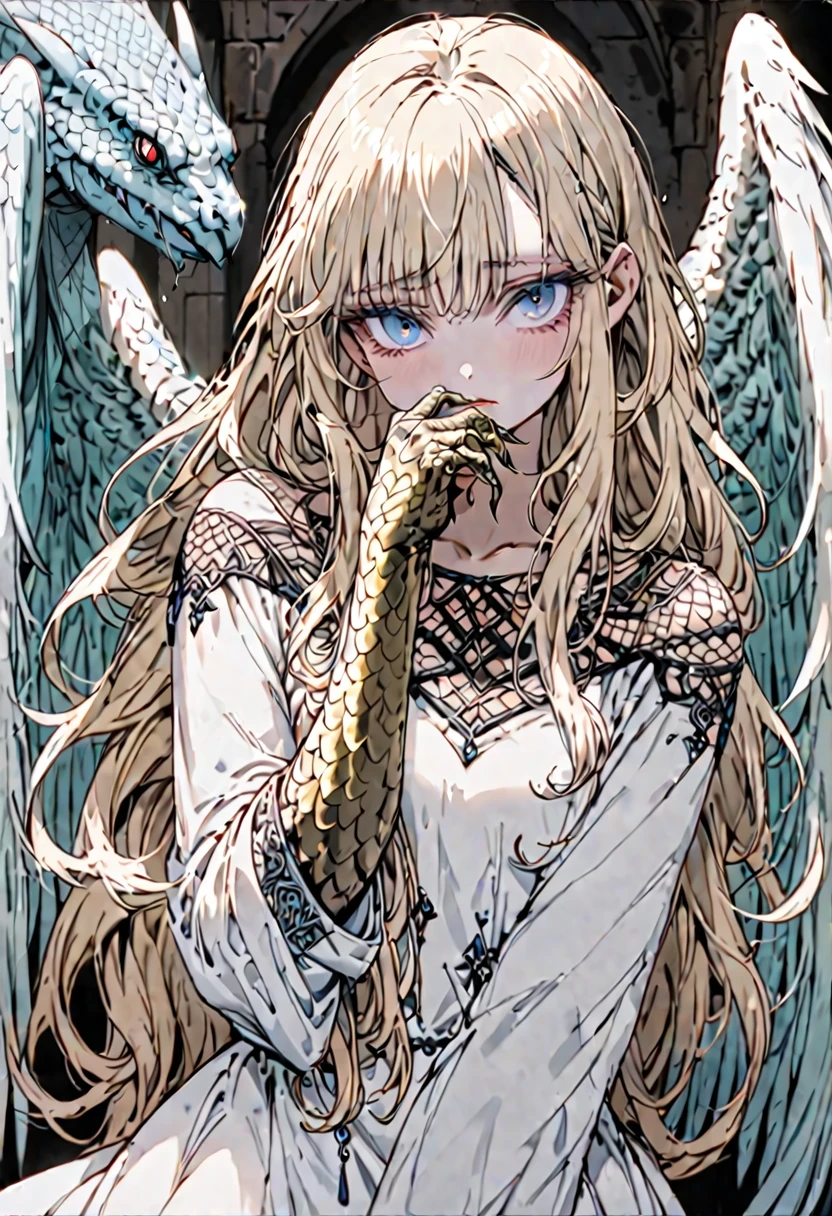solo, female, sfw, warm, harem, medieval, large wings, pale blue wings, short, shy, turquoise eyes, thick lashes, curly blonde hair, long hair, shy pose, white dress, medium shot, claws, scales on hands